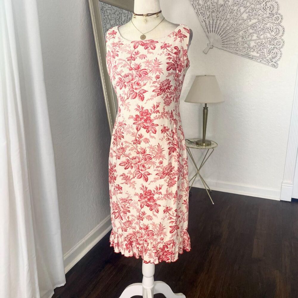 Maggy London Early 2000's Cotton Linen Flower Trumpet Ruffle Midi Dress S / 6 - Picture 3 of 7